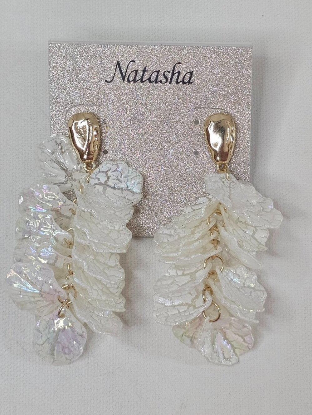 Natasha Brand Goldtone Drop Earrings Cascading White Iridescent Petal Shape Dang